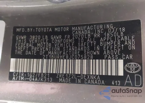 2018 Toyota Corolla Le from USA, damaged, VIN 2T1BURHE8JC075828